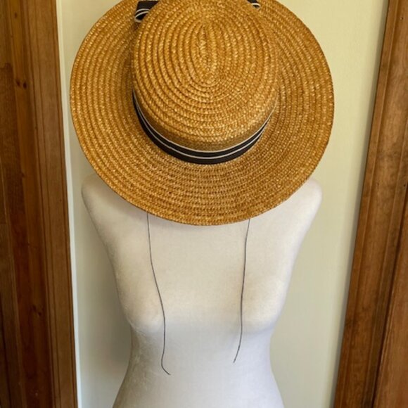 LAURA ASHLEY Vintage Straw Boater Hat with Navy White Ribbon Accent OS - Picture 7 of 16